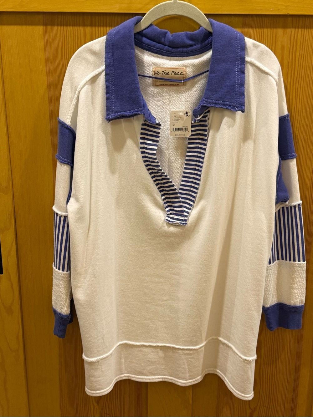 NWT Free People We The Free Clean Prep Polo Ivory Blue Stripe - Size xs